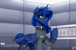 Size: 6500x4300 | Tagged: safe, artist:shadowreindeer, derpibooru import, princess luna, alicorn, pony, connor, crossover, detroit: become human, image, indoors, jpeg, rk800, solo