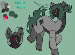 Size: 1394x1014 | Tagged: safe, artist:thomas.senko, derpibooru import, cyclops pony, oc, oc:thomas senko, unofficial characters only, cyclops, earth pony, pony, robot, robot pony, g4, bald, cactus, closed mouth, cutie mark, ears up, earth pony oc, gray fur, green background, green hair, green mane, green tail, heart, image, long hair, looking back, male, male oc, my little pony, no shading, png, red eye, reference sheet, sad, simple background, solo, stallion, stallion oc, tail