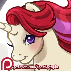 Size: 1200x1200 | Tagged: safe, artist:sparkytopia, derpibooru import, moondancer (g1), pony, unicorn, g1, advertisement, bust, closed mouth, cream coat, female, horn, image, looking at you, mare, patreon, patreon logo, patreon preview, png, portrait, purple eyes, red hair, signature, smiling, solo, white coat