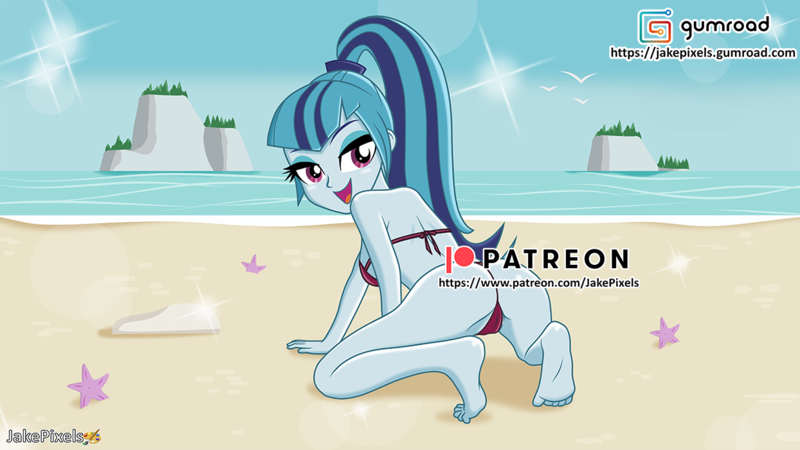 Size: 1244x700 | Tagged: suggestive, artist:jakepixels, derpibooru import, sonata dusk, human, equestria girls, g4, adorasexy, ass, bare shoulders, barefoot, beach, bikini, breasts, butt, clothes, cute, eyebrows, feet, female, gumroad, gumroad logo, image, kneeling, looking at you, looking back, looking back at you, ocean, open mouth, open smile, panties, patreon, patreon logo, png, rear view, sand, sexy, signature, sleeveless, smiling, smiling at you, solo, solo female, sonata donk, sonatabetes, stupid sexy sonata dusk, summer, swimsuit, thong swimsuit, underwear, vacation, water