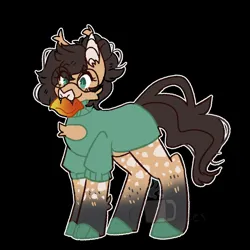 Size: 900x900 | Tagged: safe, artist:coffeedazes, derpibooru import, oc, oc:nixie tube, unofficial characters only, bat pony, hybrid, bat pony oc, bat wings, black background, chest fluff, clothes, coat markings, dappled, ear fluff, food, glasses, hoof shoes, image, jpeg, mango, obtrusive watermark, simple background, solo, sweater, watermark, wings