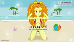 Size: 1244x700 | Tagged: suggestive, artist:jakepixels, derpibooru import, adagio dazzle, human, equestria girls, g4, beach, beach ball, bedroom eyes, belly, belly button, bikini, bikini top, breasts, busty adagio dazzle, clothes, eyebrows, female, gumroad, gumroad logo, hands on head, image, kneeling, looking at you, palm tree, patreon, patreon logo, paywall content, png, pose, signature, smiling, smiling at you, solo, solo female, summer, swimsuit, tree, vacation