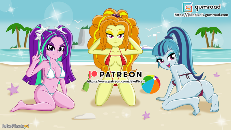 Size: 1244x700 | Tagged: suggestive, artist:jakepixels, derpibooru import, adagio dazzle, aria blaze, sonata dusk, human, equestria girls, g4, ass, bare shoulders, beach, beach ball, belly, belly button, bikini, bikini floss, bikini top, bra, breasts, busty adagio dazzle, busty aria blaze, busty sonata dusk, butt, cameltoe, clothes, female, gumroad, gumroad logo, image, looking at you, ocean, palm tree, panties, patreon, patreon logo, paywall content, peace sign, png, pose, sand, sonata donk, swimsuit, the dazzlings, thong swimsuit, tree, trio, trio female, underwear, water