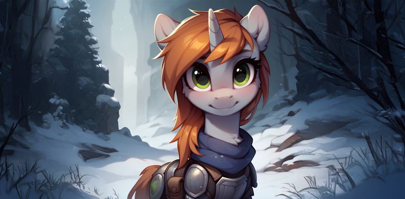 Size: 2081x1024 | Tagged: safe, ai content, derpibooru import, machine learning generated, stable diffusion, oc, oc:littlepip, pony, unicorn, fallout equestria, armor, female, female oc, generator:pony diffusion v6 xl, horn, image, looking at you, mare, mare oc, outdoors, png, prompter:teonanakatle, smiling, smiling at you, snow, solo, tree, unicorn oc, winter