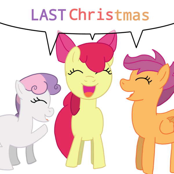 Size: 3000x3000 | Tagged: safe, artist:sleeplesseevee, derpibooru import, apple bloom, scootaloo, sweetie belle, earth pony, pegasus, pony, unicorn, g4, cutie mark crusaders, female, filly, foal, front view, horn, image, last christmas, outline, png, side view, simple background, speech bubble, transparent background, trio, trio female, white outline