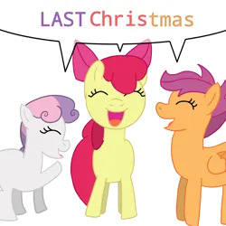 Size: 3000x3000 | Tagged: safe, artist:sleeplesseevee, derpibooru import, apple bloom, scootaloo, sweetie belle, earth pony, pegasus, pony, unicorn, g4, cutie mark crusaders, female, filly, foal, front view, horn, image, last christmas, outline, png, side view, simple background, speech bubble, transparent background, trio, trio female, white outline