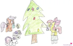 Size: 1116x716 | Tagged: safe, artist:amyandluigifan, derpibooru import, apple bloom, scootaloo, sweetie belle, earth pony, pegasus, pony, unicorn, g4, candy, candy cane, christmas, christmas tree, cutie mark crusaders, food, holiday, hoof hold, horn, image, jpeg, magic, mouth hold, ornament, signature, simple background, stool, telekinesis, traditional art, tree, white background