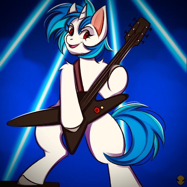 Size: 2560x2560 | Tagged: safe, artist:namelessplaza, derpibooru import, vinyl scratch, pony, unicorn, g4, concert, electric guitar, female, guitar, horn, image, jpeg, light, music, musical instrument, open mouth, solo, standing