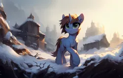 Size: 2020x1282 | Tagged: safe, ai content, derpibooru import, machine learning generated, stable diffusion, oc, oc:littlepip, pony, unicorn, fallout equestria, female, female oc, generator:pony diffusion v6 xl, horn, image, mare, mare oc, outdoors, photoshop, png, prompter:teonanakatle, snow, solo, unicorn oc, winter