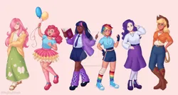 Size: 1280x683 | Tagged: safe, artist:tinypurplebrush, derpibooru import, applejack, fluttershy, pinkie pie, rainbow dash, rarity, twilight sparkle, human, alternate hairstyle, applejack's hat, balloon, bandage, bandaid, belly, belly button, belt, book, bracelet, cardigan, clothes, converse, cowboy, cowboy hat, dark skin, denim, ear piercing, earring, eyeshadow, female, fingerless gloves, gloves, grin, hair over one eye, hat, high heels, hoodie, humanized, image, jeans, jewelry, jpeg, lasso, leg warmers, lipstick, magic wand, makeup, mane six, midriff, necklace, necktie, open mouth, pants, piercing, pink background, rainbow socks, rope, sandals, shirt, shoes, shorts, simple background, skirt, smiling, socks, sports shorts, stockings, striped socks, t-shirt, tanktop, thigh highs, wand