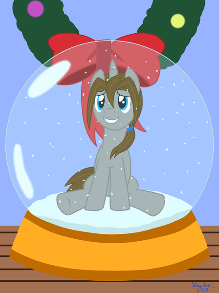 Size: 3072x4096 | Tagged: safe, artist:twiny dust, derpibooru import, oc, oc:dust, pony, unicorn, g4, christmas, christmas wreath, holiday, horn, image, male, micro, nervous, png, ponytail, show accurate, shrunken, sitting, smiling, snow globe, solo, stallion, table, tiny, tiny ponies, trapped, trapped in snow globe, wreath