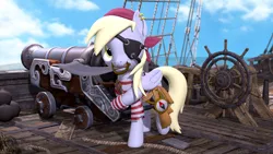 Size: 3840x2160 | Tagged: safe, artist:owlpirate, derpibooru import, derpy hooves, pegasus, pony, g4, 3d, 4k, cannon, cutlass, eyepatch, female, high res, image, looking at you, mare, mouth hold, outdoors, pirate, png, ship, smiling, smiling at you, solo, source filmmaker, sword, weapon