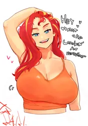 Size: 1400x2000 | Tagged: safe, artist:sozglitch, derpibooru import, sunset shimmer, human, g4, arm behind head, big breasts, breasts, busty sunset shimmer, cleavage, dialogue, female, floating heart, heart, huge breasts, humanized, image, jpeg, lidded eyes, light skin, looking at you, open mouth, open smile, signature, simple background, smiling, smiling at you, solo, talking to viewer, white background