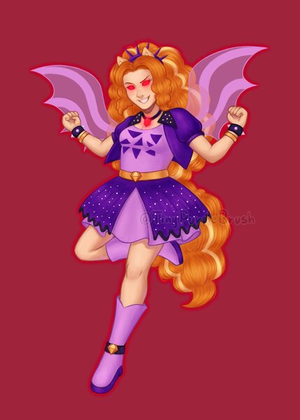 Size: 1500x2100 | Tagged: safe, artist:tinypurplebrush, derpibooru import, adagio dazzle, equestria girls, g4, belt, boots, bracelet, clothes, deviantart watermark, dress, evil grin, female, gem, grin, high heel boots, image, jacket, jpeg, obtrusive watermark, red background, red eyes take warning, shoes, simple background, siren gem, smiling, solo, spiked wristband, watermark, wristband