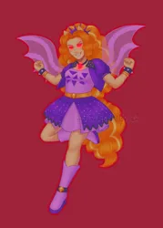 Size: 1500x2100 | Tagged: safe, alternate version, artist:tinypurplebrush, derpibooru import, adagio dazzle, equestria girls, g4, belt, boots, bracelet, clothes, deviantart watermark, dress, evil grin, female, gem, grin, high heel boots, image, jacket, jpeg, obtrusive watermark, red background, red eyes take warning, shoes, simple background, siren gem, smiling, solo, spiked wristband, watermark, wristband