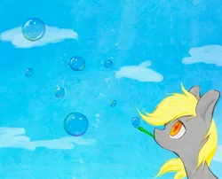 Size: 2797x2257 | Tagged: safe, artist:noupu, derpibooru import, derpy hooves, pegasus, pony, g4, blowing bubbles, bubble, bust, colored pupils, female, image, jpeg, looking up, mare, outdoors, sky, solo