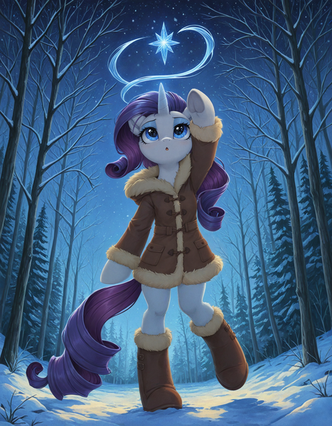 Size: 1344x1728 | Tagged: safe, ai content, derpibooru import, generator:zoinksnoob, machine learning generated, stable diffusion, rarity, pony, semi-anthro, unicorn, g4, :o, backlighting, bipedal, clothes, cute, ear fluff, female, frog (hoof), full body, fur trim, hoof boots, hoofbutt, horn, ice, ice magic, image, leg fluff, looking up, low angle, magic, mare, night, night sky, open mouth, outdoors, png, prompter:tyto4tme4l, raised hoof, raribetes, reaching, reaching up, sky, snow, solo, sparkles, sparkly eyes, stars, tree, underhoof, wingding eyes, winter, winter boots, winter coat, winter outfit