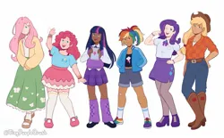 Size: 1517x943 | Tagged: safe, artist:tinypurplebrush, derpibooru import, applejack, fluttershy, pinkie pie, rainbow dash, rarity, twilight sparkle, human, alternate hairstyle, applejack's hat, bandaid, belt, blackwashing, book, boots, bra, bra strap, bracelet, cardigan, clothes, cowboy boots, cowboy hat, dark skin, denim, ear piercing, earring, eyeshadow, female, flannel, flats, flower, flower in hair, hat, high heels, hoodie, humanized, image, jeans, jewelry, jpeg, leg warmers, makeup, mane six, necktie, one eye closed, pants, piercing, ponytail, sandals, shirt, shoes, shorts, simple background, skirt, socks, socks with sandals, stockings, sweater vest, t-shirt, tanktop, thigh highs, underwear, white background, wink