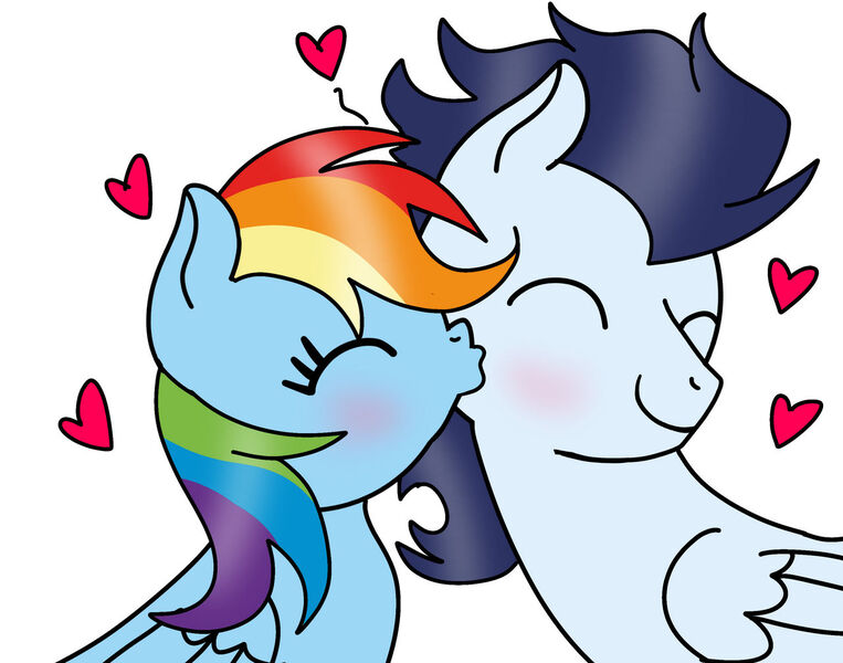 Size: 1280x1007 | Tagged: safe, artist:mrsdashskies, derpibooru import, rainbow dash, soarin', pegasus, pony, blushing, eyes closed, female, image, jpeg, kiss on the cheek, kissing, male, mare, shipping, soarindash, stallion, straight