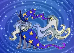 Size: 2551x1832 | Tagged: safe, artist:acura, derpibooru import, star swirl the bearded, pony, unicorn, g4, alternate design, beard, facial hair, hat, horn, image, long horn, male, moustache, png, solo, stallion, starry background, unshorn fetlocks, wizard hat, wizard robe