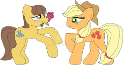 Size: 750x399 | Tagged: safe, artist:izwizzart, derpibooru import, applejack, caramel, earth pony, pony, female, flower, image, male, mare, png, rose, ship:carajack, shipping, simple background, stallion, straight, transparent background