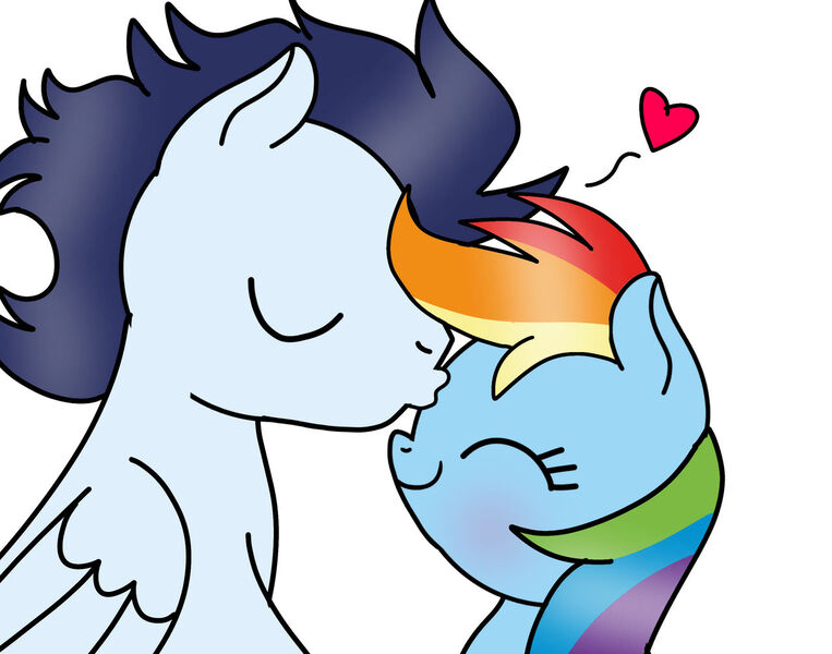 Size: 1280x1007 | Tagged: safe, artist:mrsdashskies, derpibooru import, rainbow dash, soarin', pegasus, pony, blushing, female, forehead kiss, image, jpeg, kissing, male, mare, shipping, soarindash, stallion, straight