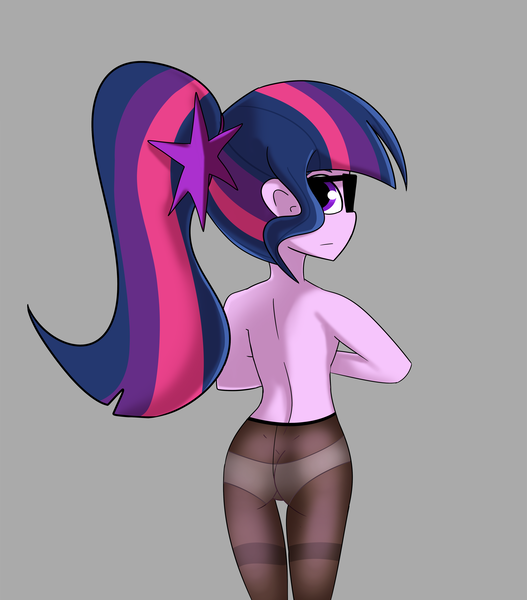 Size: 4500x5123 | Tagged: suggestive, artist:tjpones, derpibooru import, sci-twi, twilight sparkle, human, equestria girls, g4, absurd resolution, ass, butt, clothes, female, gray background, image, looking at you, looking back, looking back at you, panties, pantyhose, partial nudity, png, rear view, sci-twibutt, simple background, solo, solo female, topless, twibutt, underwear