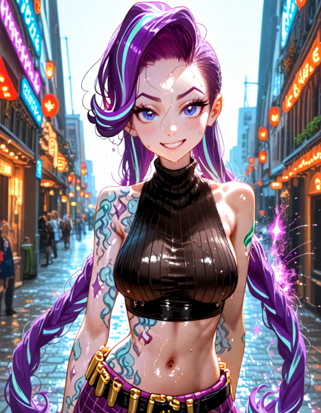 Size: 896x1152 | Tagged: safe, ai content, derpibooru import, machine learning generated, jinx, starlight glimmer, human, g4, arcane, belly, belly button, belt, braid, braided pigtails, breasts, bullet, bullet belt, busty starlight glimmer, city, clothes, cosplay, costume, cutie mark, cutie mark on human, female, humanized, image, jinx (league of legends), league of legends, long hair, looking at you, midriff, outdoors, pants, pigtails, png, prompter:sammykun, shirt, short shirt, sleeveless, sleeveless shirt, solo focus, street, tattoo, wet