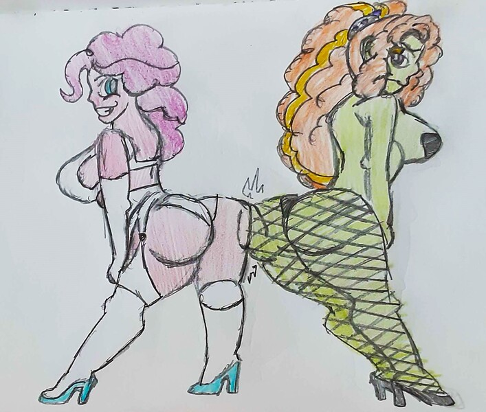 Size: 1783x1514 | Tagged: suggestive, artist:midday sun, derpibooru import, adagio dazzle, pinkie pie, human, equestria girls, g4, ass, bra, breasts, busty adagio dazzle, busty pinkie pie, butt, butt bump, butt to butt, butt touch, clothes, fishnet clothing, fishnet pantyhose, garter belt, gloves, high heels, image, jpeg, panties, pantyhose, pasties, pinup, shoes, socks, stockings, sultry pose, thigh highs, thong, traditional art, underwear