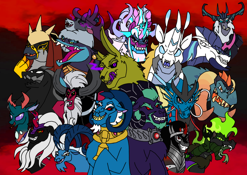 Size: 1414x1000 | Tagged: safe, artist:melspyrose, artist:zetikoopa, derpibooru import, ahuizotl, dragon lord torch, grogar, king sombra, lord tirek, pharynx, pony of shadows, prince blueblood, shining armor, storm king, oc, oc:bass thunder, oc:dark havok, oc:draven la fay/no heart, oc:khalfani, oc:phantom infinite, ahuizotl (species), centaur, changedling, changeling, deer, dragon, goat, gryphon, hybrid, kirin, longma, monster rabbit, pony, rabbit, reindeer, shadow pony, sheep, siren, taur, umbrum, unicorn, them's fightin' herds, g4, g5, my little pony: the movie, alexandrite arcane, animal, antagonist, community related, female to male, horn, image, kirin oc, male, male siren, monster prince blueblood, monster shining armor, opaline arcana, png, prince pharynx, ram, rule 63, sianach, species swap, springtrap, stallion, stronghoof hoofstrong (tfh)