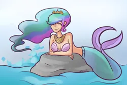 Size: 1000x673 | Tagged: artist needed, safe, derpibooru import, princess celestia, mermaid, crossed arms, drawthread, ear piercing, earring, eyebrows, eyebrows visible through hair, eyes closed, female, fish tail, image, jewelry, lying down, mermaidized, ocean, on a rock, piercing, png, requested art, rock, signature, solo, species swap, tail, water