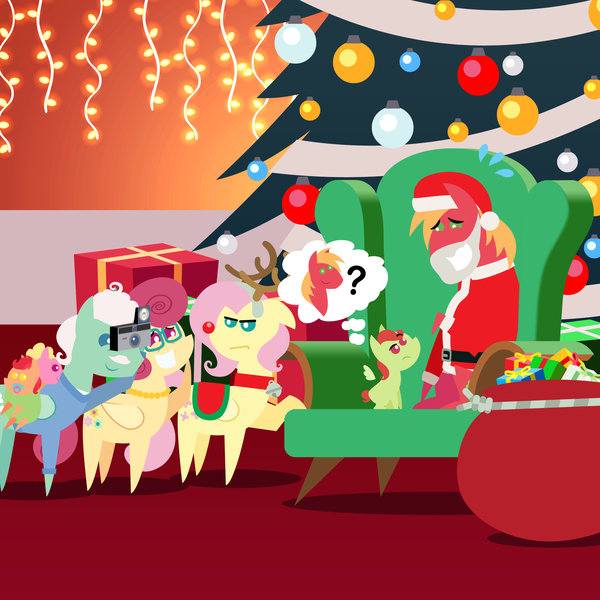 Size: 2160x2160 | Tagged: safe, anonymous artist, derpibooru import, big macintosh, fluttershy, gentle breeze, posey shy, oc, oc:apple sorbet, oc:late riser, oc:pink lemonade, earth pony, pegasus, pony, series:fm holidays, series:hearth's warming advent calendar 2024, g4, advent calendar, alternate hairstyle, animal costume, baby, baby carrier, baby pony, bell, bell collar, camera, chair, christmas, christmas lights, christmas tree, clothes, collar, colt, costume, emanata, eyebrows, family, father and child, father and son, female, filly, floppy ears, fluttermac, fluttershy is not amused, foal, frown, grandparents, grin, high res, holiday, hoof hold, image, lineless, male, mall santa, mare, nervous, nervous grin, offspring, pacifier, parent:big macintosh, parent:fluttershy, parents:fluttermac, plewds, png, pointy ponies, present, question mark, raised eyebrow, red nose, reindeer costume, saddle, santa costume, ship:shys, shipping, short mane, smiling, stallion, straight, tack, thought bubble, tree, unamused