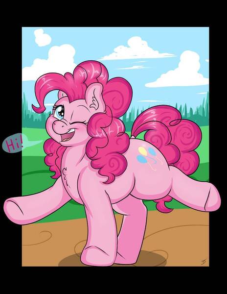 Size: 850x1100 | Tagged: safe, artist:takutanuvataio, derpibooru import, pinkie pie, earth pony, pony, g4, breaking the fourth wall, chest fluff, cute, diapinkes, digital art, dock, ear fluff, female, hi, image, jpeg, looking at you, mare, one eye closed, open mouth, open smile, outdoors, passepartout, smiling, smiling at you, solo, speech bubble, standing on two hooves, tail, talking to viewer, wink, winking at you