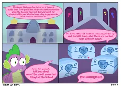 Size: 4960x3508 | Tagged: safe, artist:sweetielover, derpibooru import, spike, dragon, comic:scales at school, g4, building, comic, dialogue, diaper, diaper package, door, high res, image, logo, male, png, school, solo, webcomic