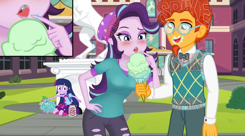 Size: 6132x3411 | Tagged: safe, ponerpics import, spike, starlight glimmer, sunburst, twilight sparkle, twilight sparkle (alicorn), alicorn, dog, dragon, horse, human, equestria girls, blushing, canterlot high, cherry, clothes, female, food, ice cream, image, licking, male, micro, png, portal, shipping, shrinking, soft vore, sparlight, spike the dog, statue, straight, tiny, tongue out, vore