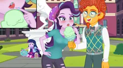 Size: 6132x3411 | Tagged: safe, ponerpics import, spike, starlight glimmer, sunburst, twilight sparkle, twilight sparkle (alicorn), alicorn, dog, dragon, horse, human, equestria girls, blushing, canterlot high, cherry, clothes, female, food, ice cream, image, licking, male, micro, png, portal, shipping, shrinking, soft vore, sparlight, spike the dog, statue, straight, tiny, tongue out, vore