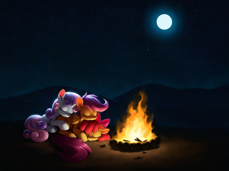 Size: 1840x1376 | Tagged: safe, ai content, anonymous prompter, machine learning generated, stable diffusion, apple bloom, scootaloo, sweetie belle, earth pony, pegasus, pony, unicorn, campfire, cuddling, curled up, cutie mark crusaders, eyes closed, female, filly, image, jpeg, moon, night, sleeping, stars, trio