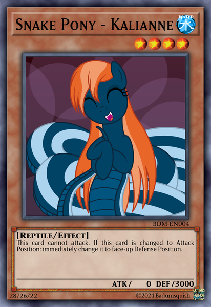 Size: 813x1185 | Tagged: safe, artist:badumsquish, derpibooru import, oc, oc:kalianne, unofficial characters only, lamia, original species, pony, g4, card, card game, ccg, coils, derpibooru exclusive, effect monster card, fangs, female, happy, harmless, image, long mane, mare, monster card, open mouth, open smile, png, prehensile tail, show accurate, smiling, solo, squee, tail, tail hold, trading card, yu-gi-oh!, yugioh card