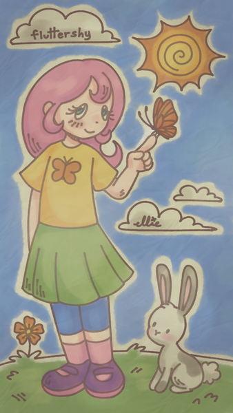 Size: 720x1280 | Tagged: safe, artist:smile-files, derpibooru import, fluttershy, butterfly, human, insect, rabbit, g4, animal, blue sky, clothes, cloud, day, full body, grass, humanized, image, outdoors, outline, png, shirt, shoes, skirt, smiling, sun