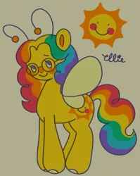 Size: 657x827 | Tagged: safe, artist:smile-files, derpibooru import, flutter pony, pony, full body, image, jpeg, multicolored hair, rainbow hair, rainbow tail, simple background, smiling, solo, sun, tail, tan background, yellow coat