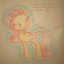 Size: 2048x2048 | Tagged: safe, artist:smile-files, derpibooru import, fluttershy, pegasus, pony, g4, beige background, colored pencil drawing, crying, english, female, folded wings, full body, image, jpeg, mare, sad, simple background, solo, text, traditional art, wings