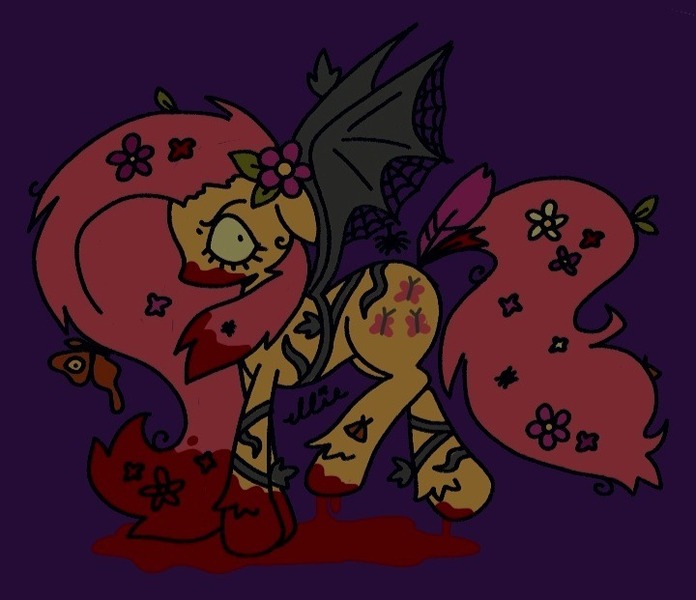 Size: 720x621 | Tagged: semi-grimdark, artist:smile-files, derpibooru import, fluttershy, pony, g2, g4, blood, blood on face, blood splatter, female, image, ivyshy, jpeg, mare, plant, purple background, side view, simple background, solo, vine, wings