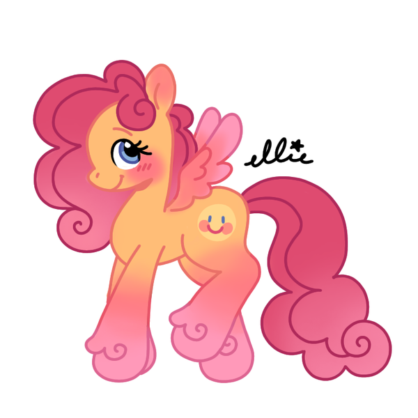 Size: 768x768 | Tagged: safe, artist:smile-files, derpibooru import, pegasus, pony, coat markings, female, full body, fusion:flutterpie, fusion:fluttershy, fusion:pinkie pie, image, mare, orange coat, pink mane, pink tail, pink wings, png, side view, simple background, smiling, socks (coat marking), solo, tail, white background, wings