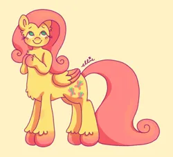 Size: 882x802 | Tagged: safe, artist:smile-files, derpibooru import, fluttershy, centaur, pegasus, pony, semi-anthro, taur, g4, centaurified, centaurshy, chest fluff, female, folded wings, image, looking up, mare, pegataur, pink hooves, pink mane, pink tail, png, ponytaur, simple background, smiling, solo, species swap, tail, unshorn fetlocks, wings, yellow background, yellow coat