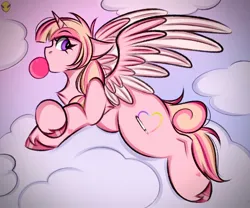 Size: 1200x1000 | Tagged: safe, artist:namelessplaza, derpibooru import, pegasus, bubblegum, cloud, female, food, gum, image, jpeg, lying down, solo, wings