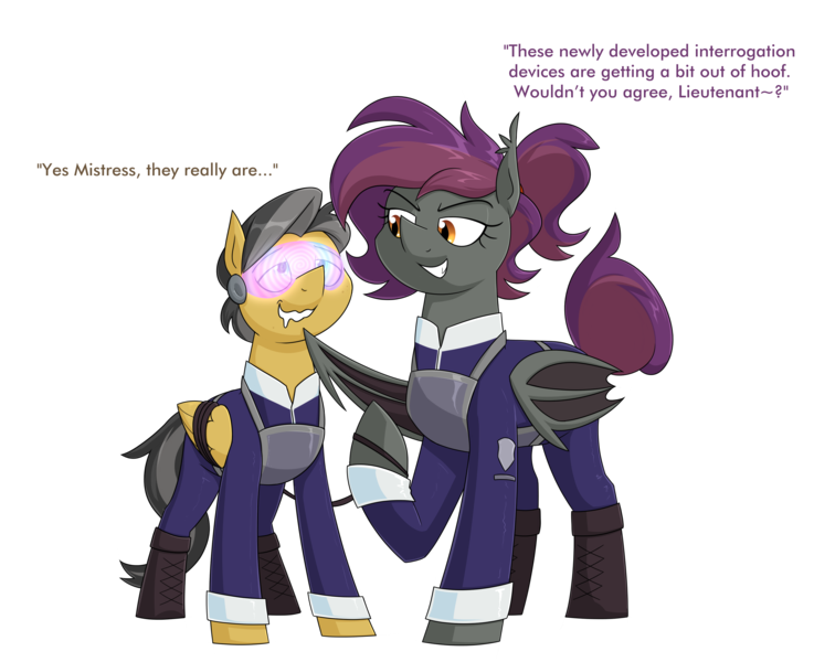 Size: 3190x2596 | Tagged: safe, artist:moonatik, derpibooru import, oc, oc:anneal, oc:moon sparks, unofficial characters only, bat pony, pegasus, pony, bat pony oc, bat wings, boots, clothes, female, hypnogear, hypnogoggles, hypnosis, hypnotized, image, male, mare, military uniform, pegasus oc, png, ponytail, shoes, stallion, tail, tail bun, uniform, wing to chin, wings