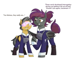 Size: 3190x2596 | Tagged: safe, artist:moonatik, derpibooru import, oc, oc:anneal, oc:moon sparks, unofficial characters only, bat pony, pegasus, pony, bat pony oc, bat wings, boots, clothes, female, hypnogear, hypnogoggles, hypnosis, hypnotized, image, male, mare, military uniform, pegasus oc, png, ponytail, shoes, stallion, tail, tail bun, uniform, wing to chin, wings