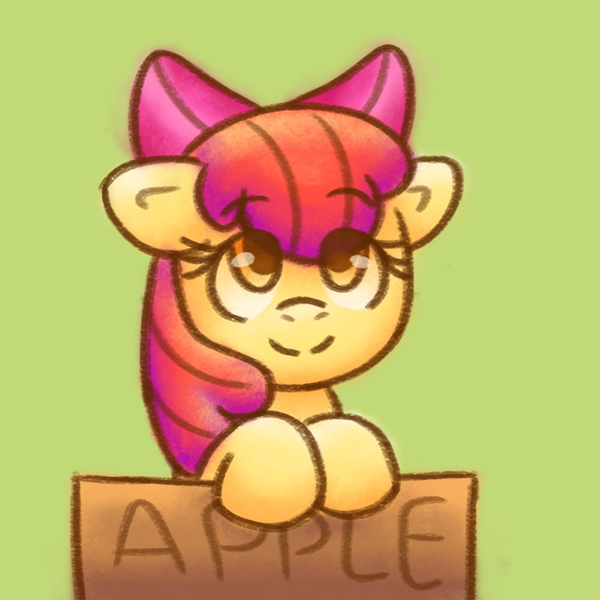 Size: 1000x1000 | Tagged: safe, artist:rosa ushiromiya, derpibooru import, apple bloom, earth pony, pony, g4, apple bloom's bow, bow, box, digital art, female, foal, hair bow, if i fits i sits, image, looking at you, png, pony in a box, simple background, smiling