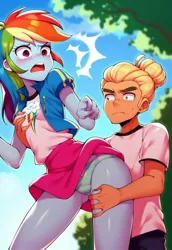 Size: 704x1024 | Tagged: suggestive, ai content, derpibooru import, machine learning generated, prompter:egupskirt00, rainbow dash, zephyr breeze, equestria girls, g4, ass, butt, clothes, forced, green underwear, grope, image, jpeg, legs, molestation, panties, personal space invasion, skirt, skirt lift, standing, thighs, underwear, upskirt