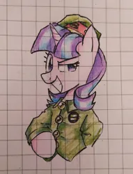 Size: 3137x4096 | Tagged: safe, artist:mirio_p2, derpibooru import, starlight glimmer, unicorn, g4, clothes, donal morder, half body, hand up, horn, image, jpeg, metal slug, military uniform, reference, smiling, solo, traditional art, uniform